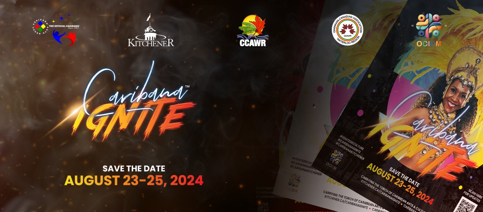 Promotional graphic for Caribana Ignite event scheduled for August 21-25, 2024. Includes logos of event partners and images of themed event posters. Toronto Caribana Carnival: Ultimate Guide to Caribana Festival Events